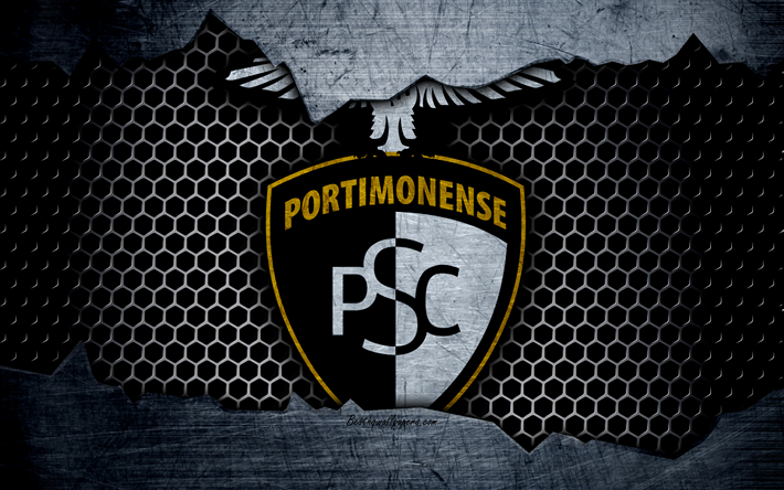 portimonense-fc -, 4k -, fu&#223;ball-club, logo, emblem, portimao, portugal, fu&#223;ball, portugiesische meisterschaft, metall textur, grunge