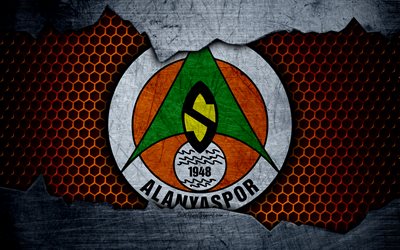 Alanyaspor, 4k, logo, Super Lig, soccer, football club, grunge, Alanyaspor FC, art, metal texture