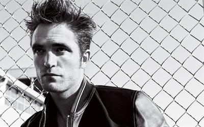 Robert Pattinson, 4k, el actor Brit&#225;nico, retrato, blanco y negro, chaqueta de cuero negro