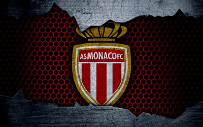 AS Monaco, 4k, Liga 1, logo, grunge, soccer, Monaco, football club, metal texture, Ligue 1, art, Monaco FC