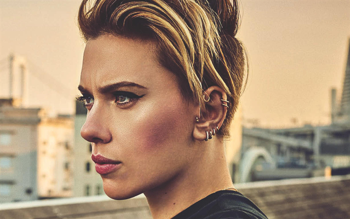 Scarlett Johansson, 4k, 2017, portrait, american actress, make-up, beautiful woman, short haircut for women