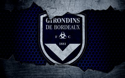 Bordeaux, 4k, Liga 1, logo, grunge, soccer, football club, metal texture, Ligue 1, art, Bordeaux FC