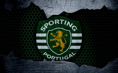 Sporting FC, 4K, football club, logo, emblem, Lisbon, Portugal, football, Portuguese championship, metal texture, grunge