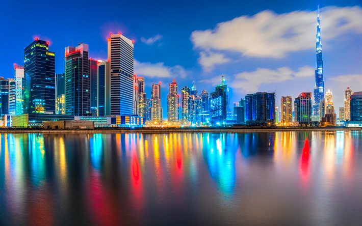 4k, EMIRATI arabi uniti, paesaggi notturni, Burj Khalifa, edifici moderni, yacht, Dubai