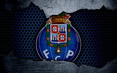 Porto FC, 4K, football club, logo, emblem, Porto, Portugal, football, Portuguese championship, metal texture, grunge