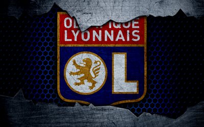 Lyon, 4k, Liga 1, logo, grunge, Olympique Lyonnais, soccer, football club, metal texture, Ligue 1, art, Lyon FC