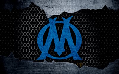 Olympique Marseille, 4k, Liga 1, logo, grunge, soccer, football club, Marseille, metal texture, Ligue 1, art, Marseille FC
