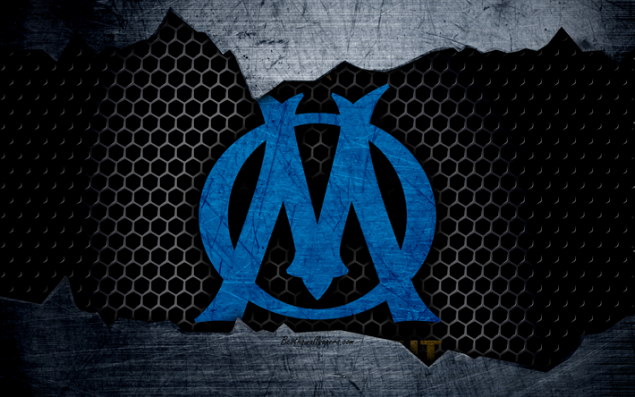 Olympique Marseille, 4k, Liga 1, logotyp, grunge, fotboll, football club, Marseille, metall textur, Ligue 1, konst, Marseille-FC