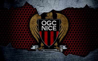 Nice, 4k, Liga 1, logo, grunge, Nice OGC, soccer, football club, metal texture, Ligue 1, art, Nice FC