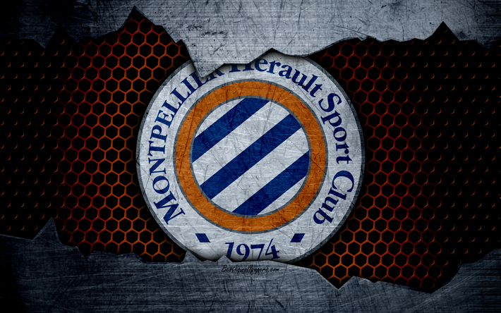 1 Montpellier, 4k, 1 Lig, logo, grunge, futbol, futbol kul&#252;b&#252;, metal doku, T&#252;rk, Sanat, Montpellier FC