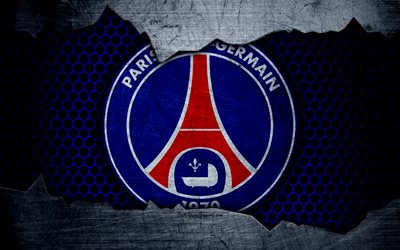PSG, 4k, Paris Saint-Germain, Liga 1, logo, grunge, soccer, football club, metal texture, Ligue 1, art, PSG FC