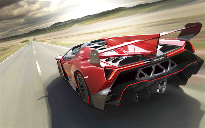 4k Lamborghini Veneno Roadster, carretera, 2018 coches, vista posterior, hypercars, rojo, Veneno, Lamborghini