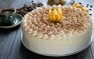 big cake, tiramisu, white cream, sweets, pastries, cakes