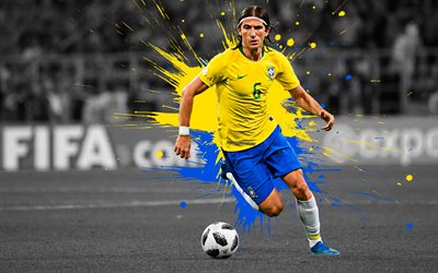 Filipe Luis, 4k, Brazil national football team, art, splashes of paint, grunge art, Brazilian footballer, defender, creative art, Brazil, football, Filipe Luis Kasmirski