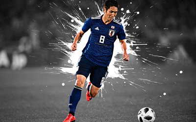 genki haraguchi, 4k, japan fu&#223;ball-nationalmannschaft, kunst, spritzer von farbe, grunge, japanischer fu&#223;ballspieler, japan, fu&#223;ball