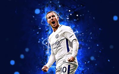 Eden Hazard, valkoinen univormu, Belgian jalkapalloilijat, abstrakti taide, Chelsea FC, jalkapallo, Vaaran, Premier League, neon valot