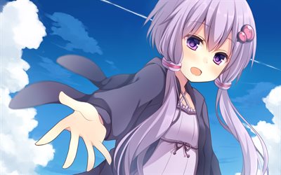 Yuzuki Yukari, blue sky, purple hair, manga, Vocaloid, Voiceroid