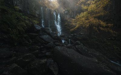 autumn, waterfall, stone, wood, beautiful waterfall