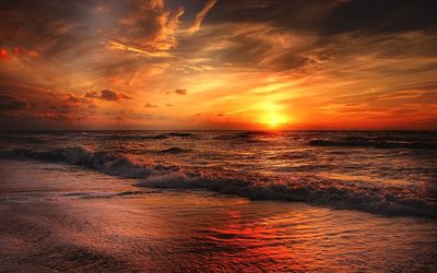 Nordsj&#246;n, kusten, sunset, Atlanten, v&#229;gor, Europa
