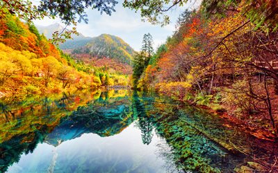 Il Parco Nazionale di Jiuzhaigou, 4k, autunno, lago smeraldo, montagne, giallo, alberi, foresta, paesaggio, Cina