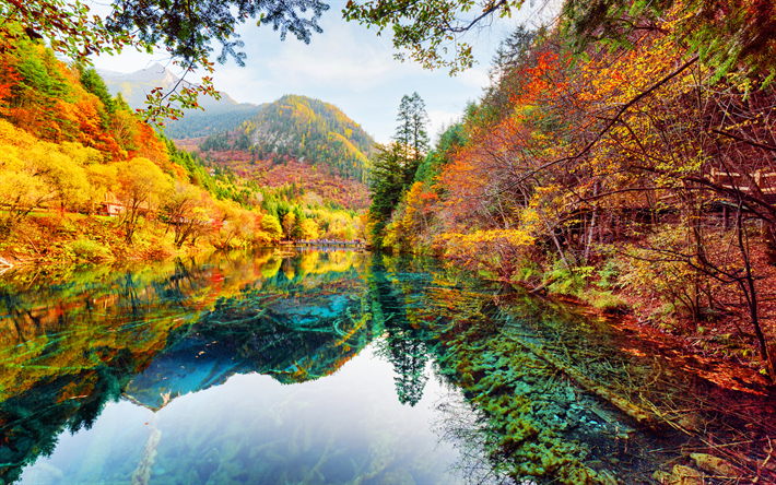 Jiuzhaigou国立公園, 4k, 秋, エメラルドレイク, 山々, 黄色の木, 森林, 秋の景観, 中国