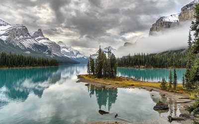 berg, landschaft, wald, herbst, mountain lake, jasper national park, kanada