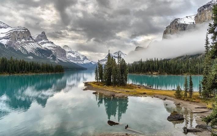 paesaggio di montagna, foresta, autunno, lago di montagna, Parco Nazionale di Jasper, Canada