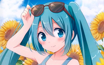 Vocaloid, 4k, Hatsune Miku, sunflowers, manga
