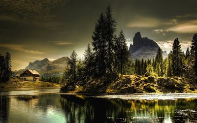 Lago Federa, Italia, montagna, paesaggio, alpi, sera, tramonto, lago di montagna, Dolomiti