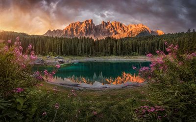 Lake Carezza, italian landmarks, sunset, Mount Catinaccio, mountains, South Tyrol, Europe, Italy, Dolomites