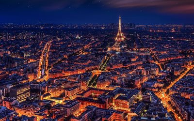Paris, panorama, Eiffel Tower, nightscapes, french landmarks, France, Europe