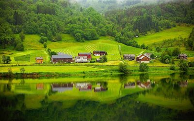 mountain village, green mountain slope, fog, green grass, mountain lake, Norway