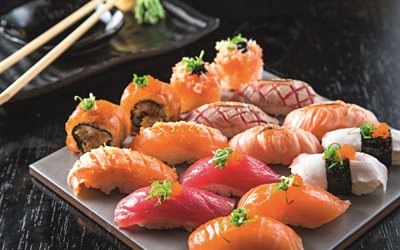 sushi, nigiri, la nourriture Japonaise, rouleaux, saumon, 4k, des plats Japonais