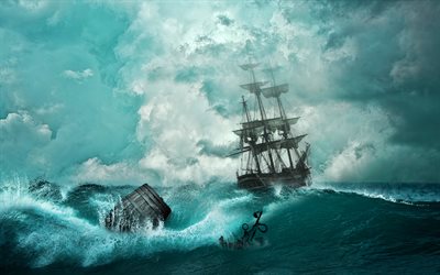 piratas, 4k, mar, navio pirata, ondas, tempestade