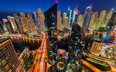 Dubai, natt, skyskrapor, moderna byggnader, F&#246;renade ARABEMIRATEN, stadens ljus