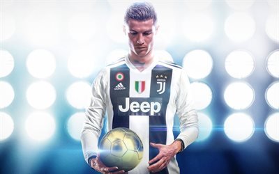 Juventus FC, Cristiano Ronaldo, ball, striker, football stars, Juve, fan art, Ronaldo, spotlights, Ligue 1, CR7, forward, portuguese footballers, soccer, CR7 Juve