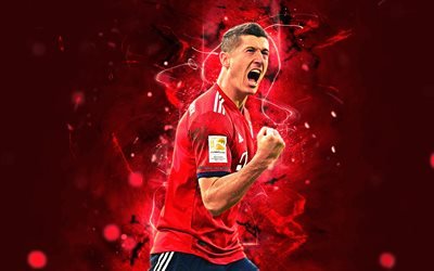 Robert Lewandowski, goal, striker, Bayern Munich FC, polish footballers, soccer, Lewandowski, forward, Bundesliga, Germany, neon lights