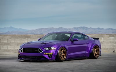 Ford Mustang, 2018, low rider, purple sports coupe, tuning Mustang, American sports cars, EcoBoost, TJIN Edition, SEMA 2018, Ford