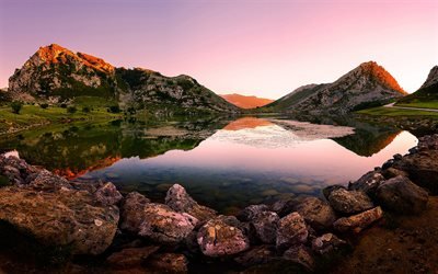 Lake Enol, mountain lake, sunset, evening, glacier lake, mountains, Asturias, Spain