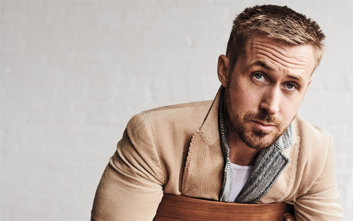 Ryan Gosling, photoshoot, muotokuva, kanadalainen n&#228;yttelij&#228;, ruskea takki