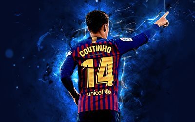 Coutinho, baksida, FC Barcelona, Ligan, brasiliansk fotbollsspelare, Philippe Coutinho, Barca, neon lights, fotboll, LaLiga