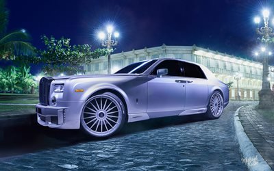 4k, Rolls-Royce Ghost, ajuste, noite, 2018 carros, carros de luxo, branco Fantasma, A Rolls-Royce