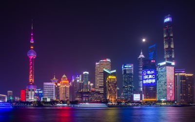 4k, Shanghai, skyscrapers, panorama, nightscapes, modern buildings, China, Asia