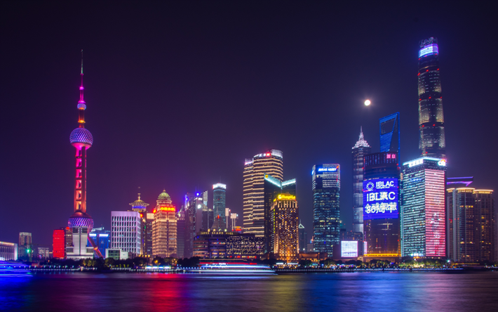 4k, Shanghai, skyskrapor, panorama, natt, moderna byggnader, Kina, Asien