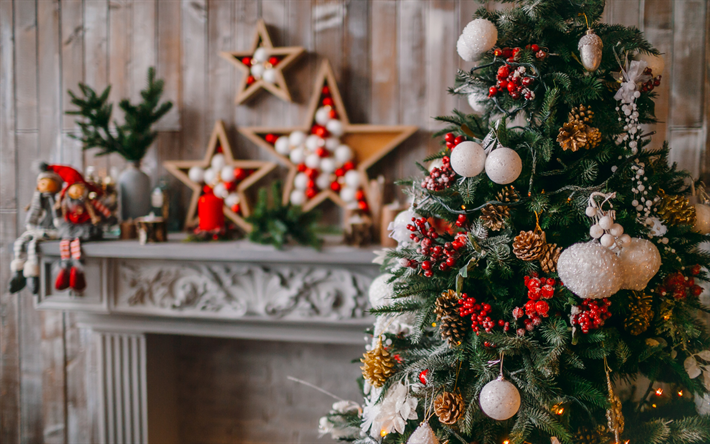 Christmas tree, festive interior, fireplace, scenery, New Year, Christmas