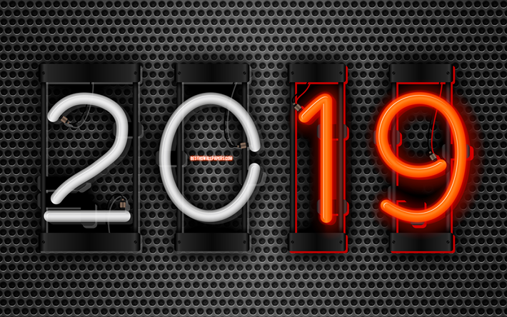 4k, 2019年, 金属格子, 創造, 金属の背景, 2019概念, ネオン桁, 謹んで新年の2019年