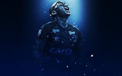 Sassa, Luiz Ricardo Alves, 4k, creative art, Cruzeiro FC, Brazilian footballer, lighting effects, blue background, portrait, Serie A, Brazil, football players, Cruzeiro Esporte Clube
