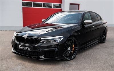 BMW M5, G電力, 2018, M550i, 5シリーズ, G30, 黒のセダン, フロントビュー, チューニングM5, 黒色車輪, ドイツ車, BMW