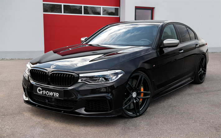 BMW M5, G-Power, 2018, M550i, 5-s&#233;rie, G30, limousine preto, vista frontal, ajuste M5, rodas pretas, Carros alem&#227;es, BMW