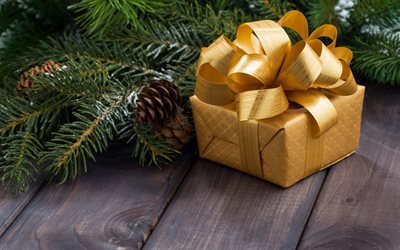 Golden Christmas gift, golden box, golden silk bow, Christmas, New Year